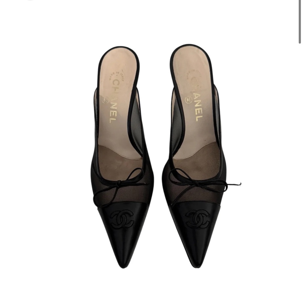 CHANEL “CC” Black MESH MULE HEELS